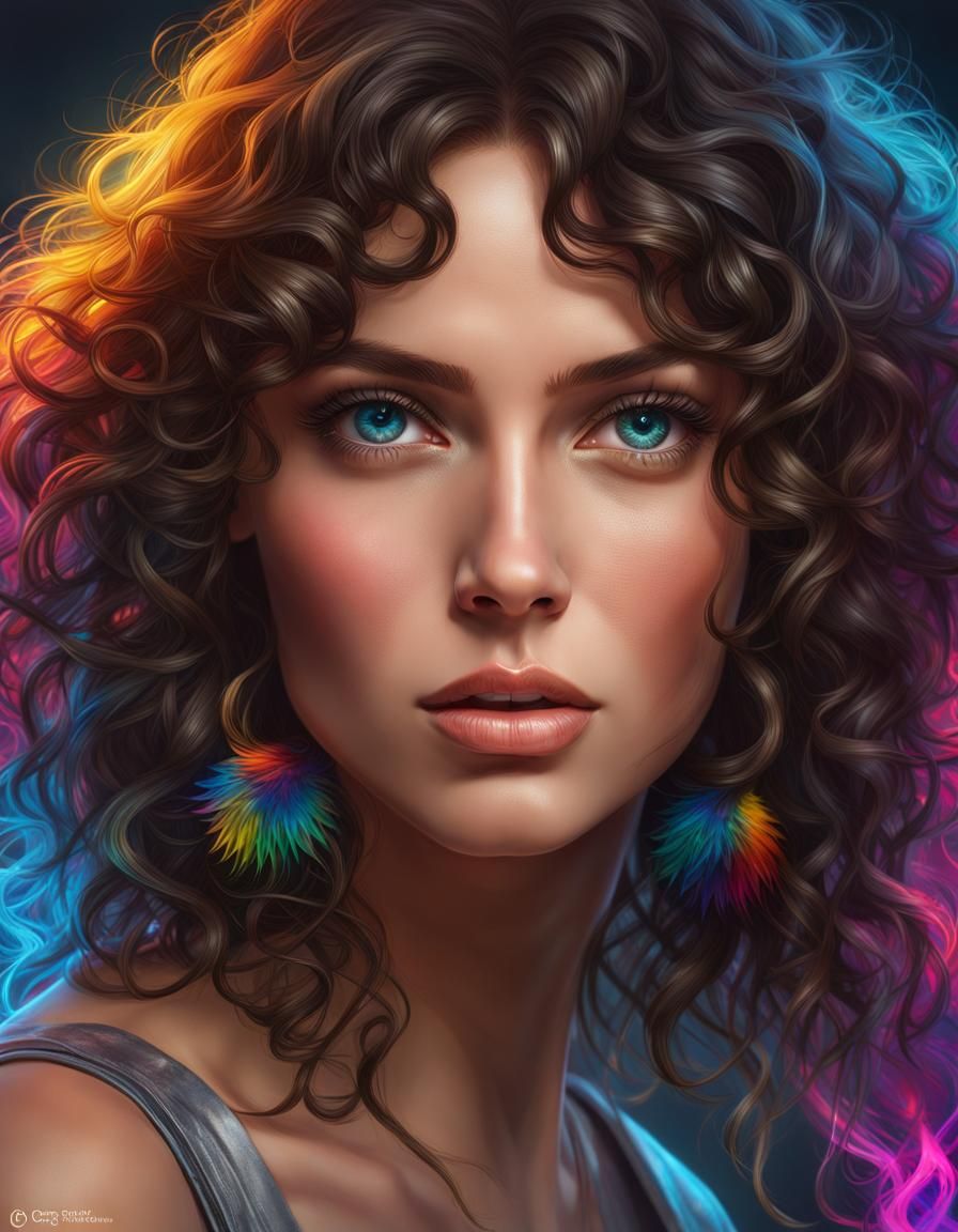 PORTRAIT - Woman with brunette curly hair & piercing gaze
