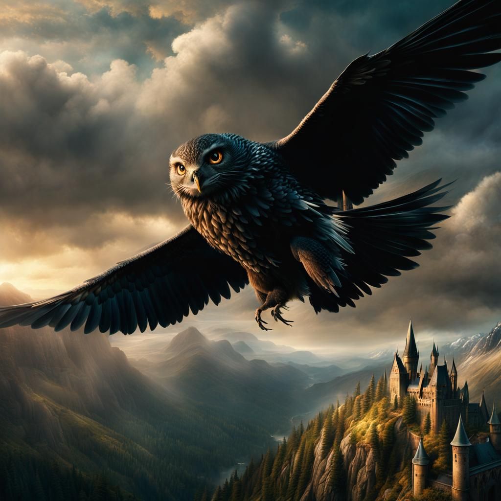 Harry Potter's Owl Hedwig Flying Over the Skies of Hogwarts