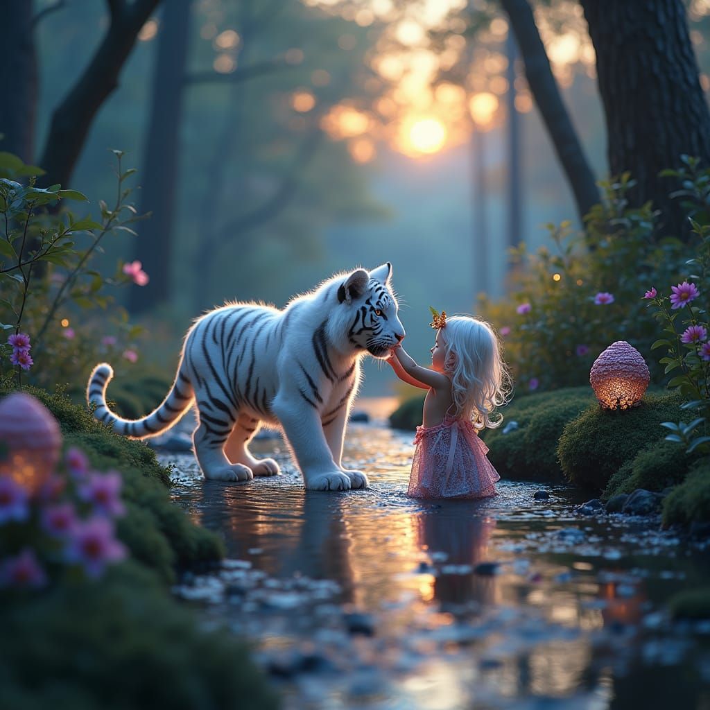 Enchanted Twilight Forest Scene with White Tiger and Mermaid...