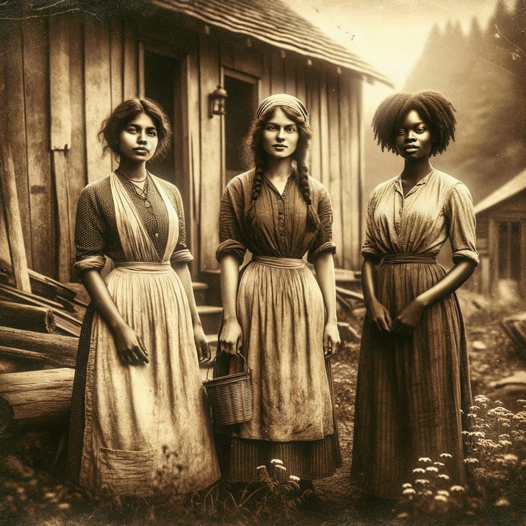 Vintage 1910s Sepia Photo: Women Outside Rustic House