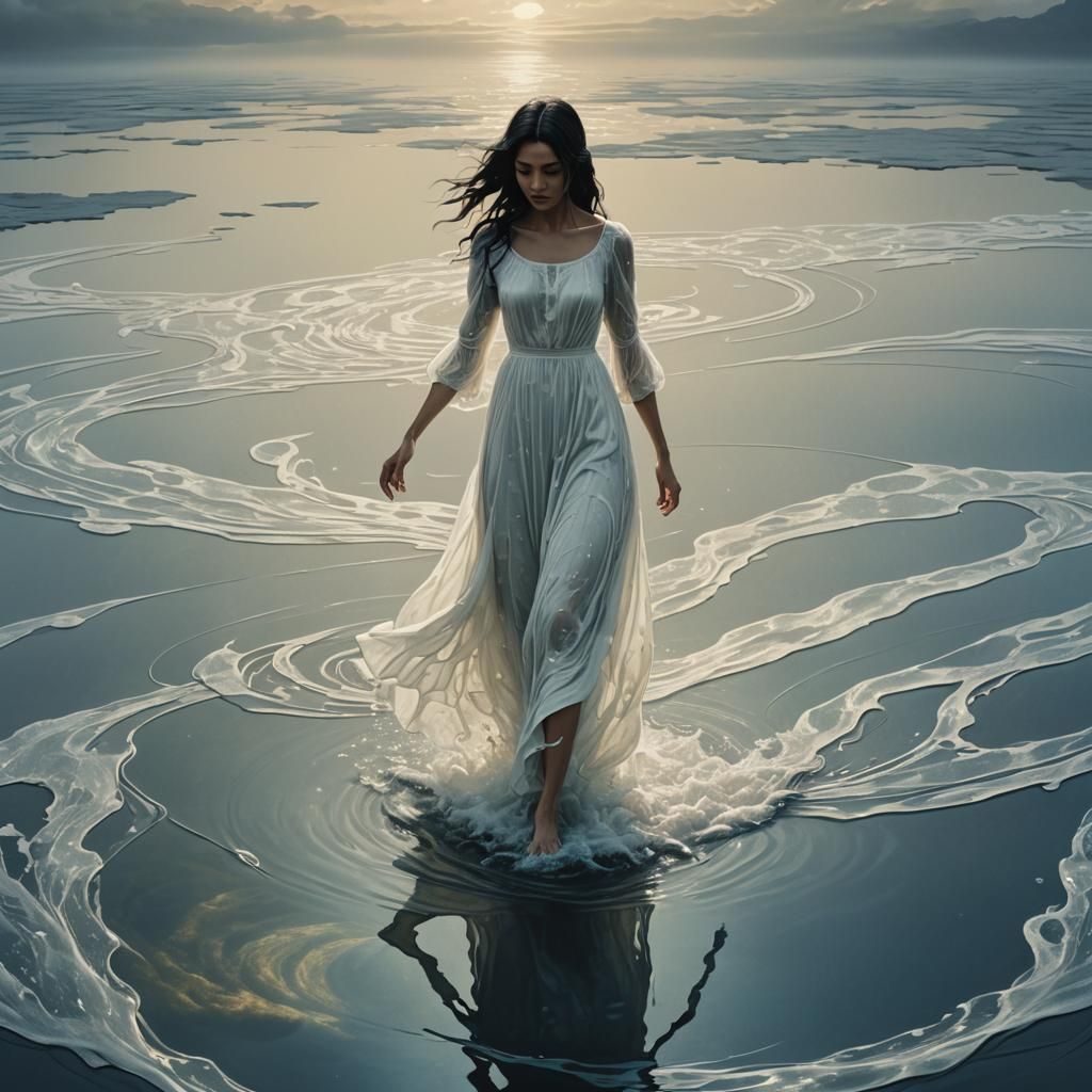 Girl Walks on Water in Beksiński-Style Fantasy Art
