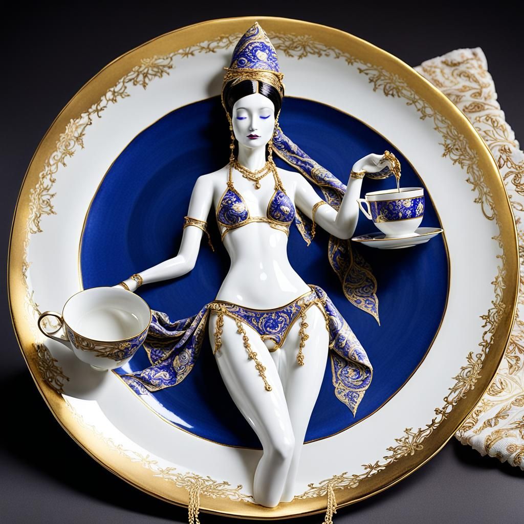 Gilded Porcelain Concubine with Teacup Head