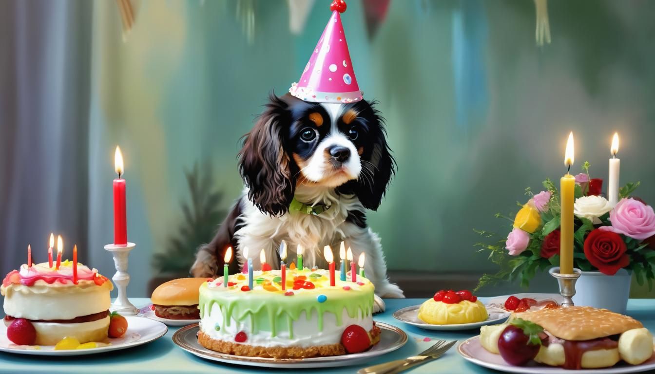 Cute Puppy Celebrates Birthday: Digital Fantasy Painting