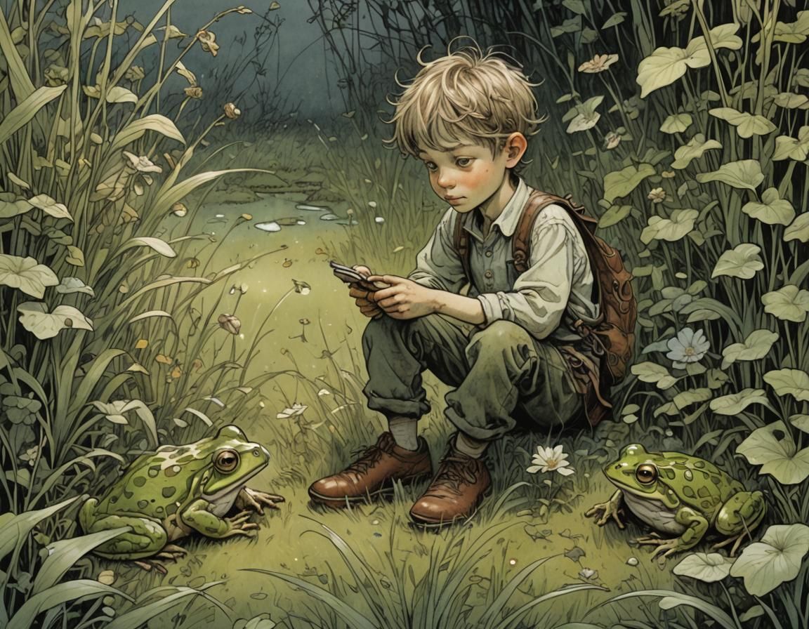 Whimsical Boy Conversed with Amphibian Friend in Lush Greene...