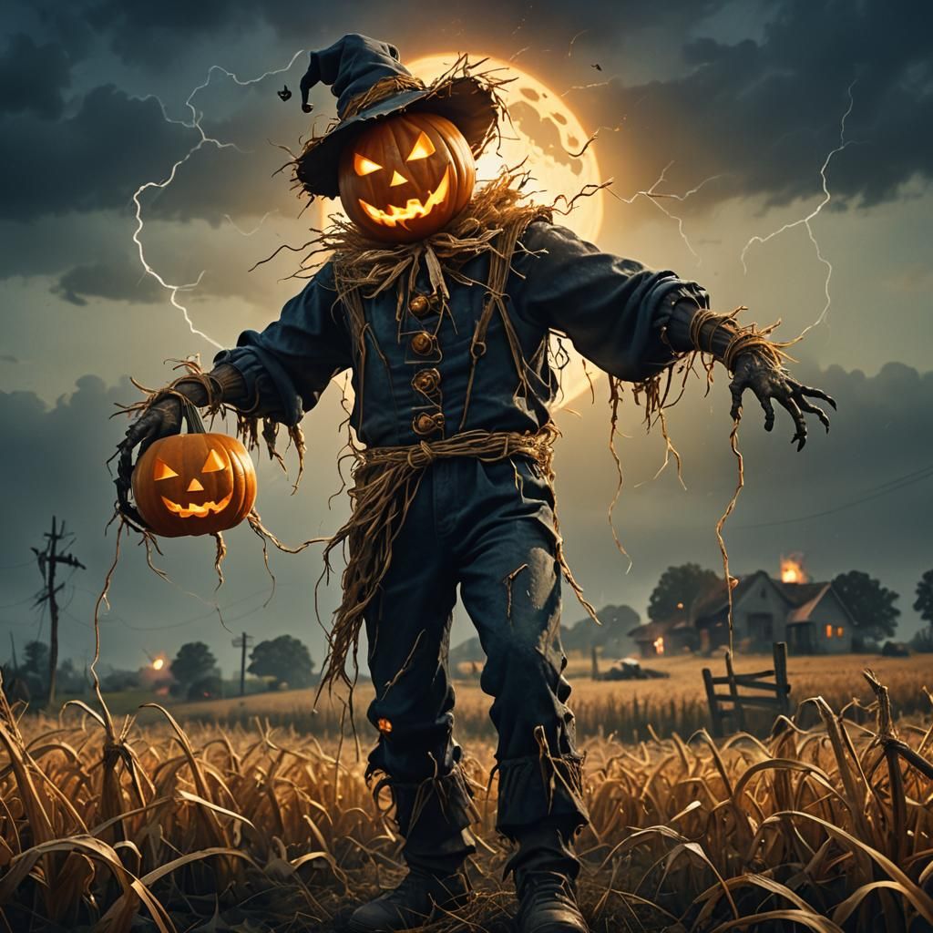 Pumpkin Scarecrow in Electric Storm: Fantasy Art
