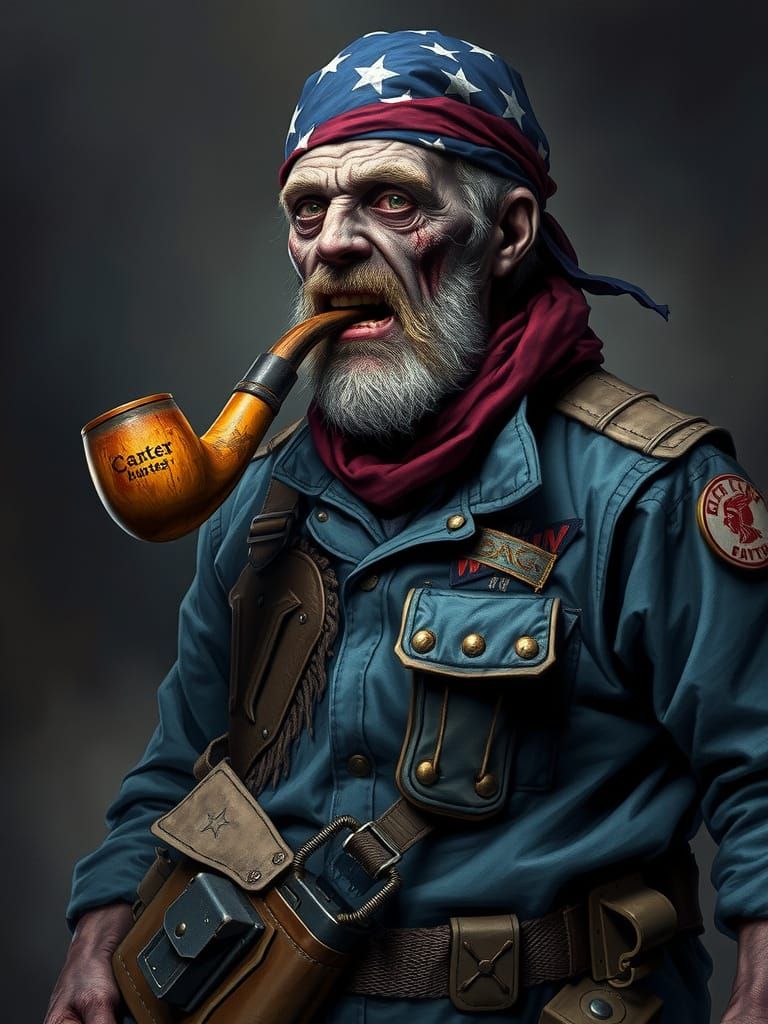 Gritty Zombie Hunter in Tattered Blue Fatigues, Pipe in Hand
