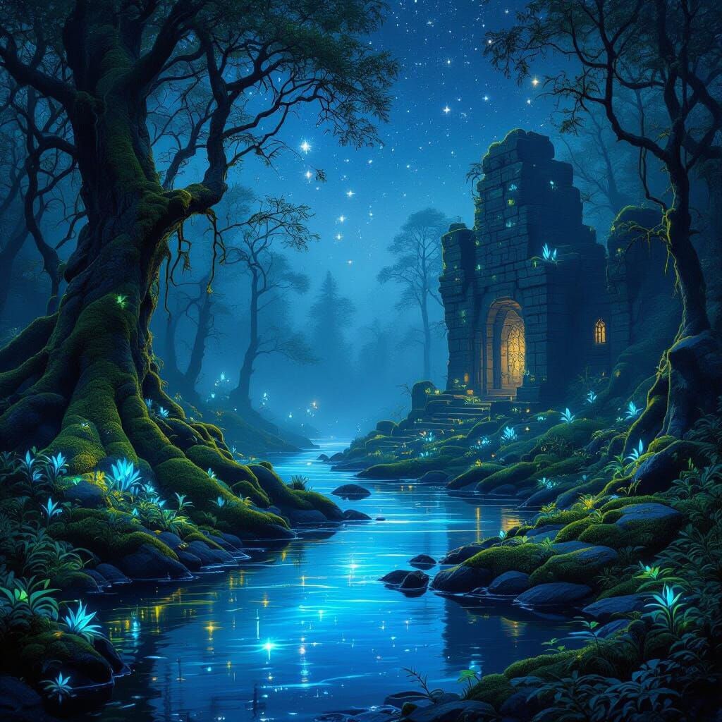 Mystical Bioluminescent Forest at Night