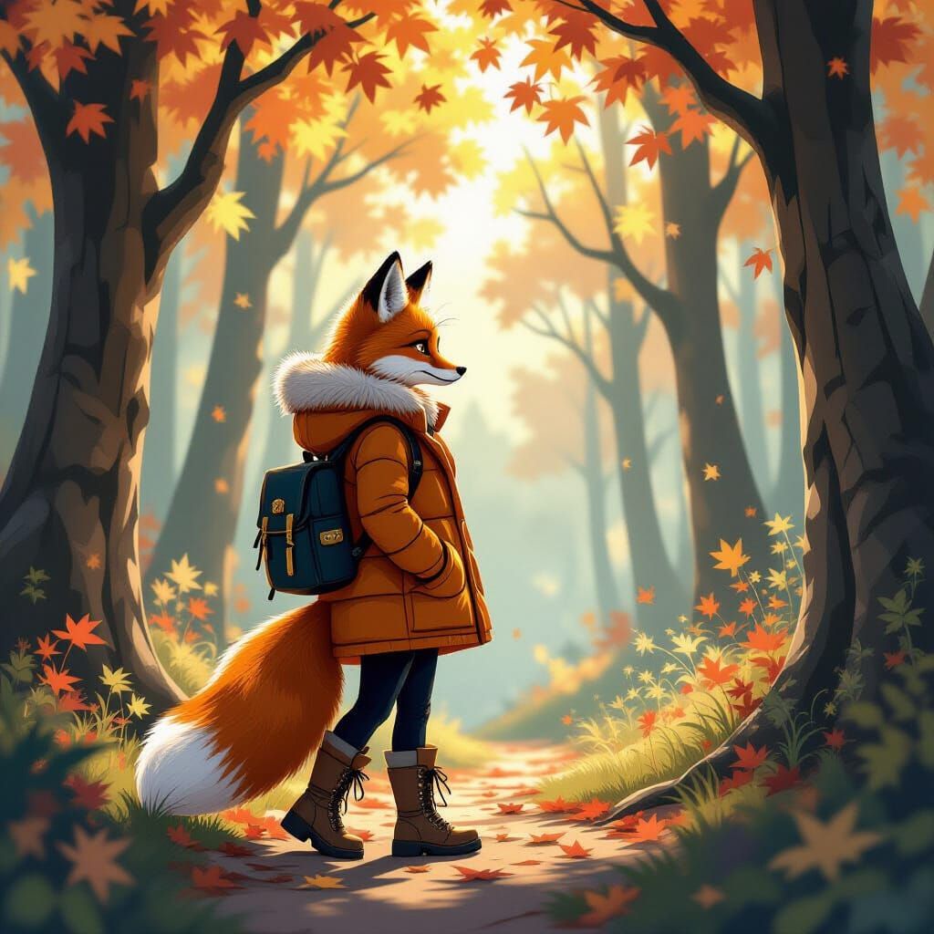 Fox Girl Explores Origami Forest in Golden Hour Light