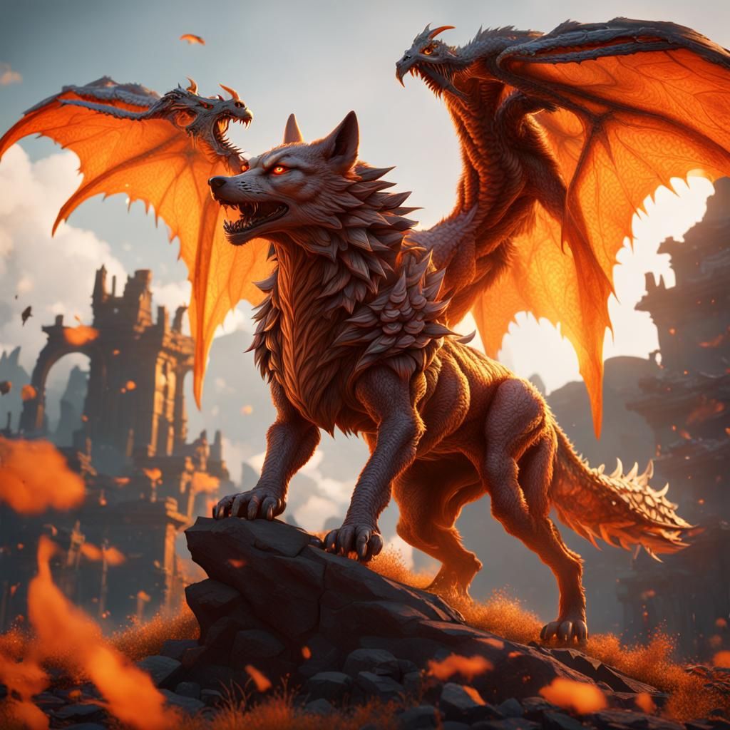 Orange Wolf with Dragon Wings: Detailed Matte Painting