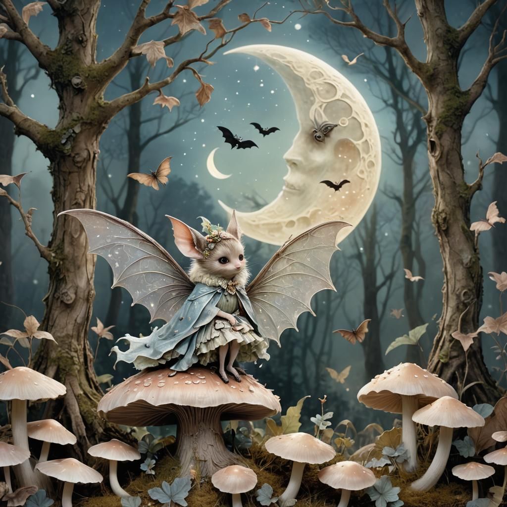 Moon Fairy and Fuzzy Bat in Watercolor Style