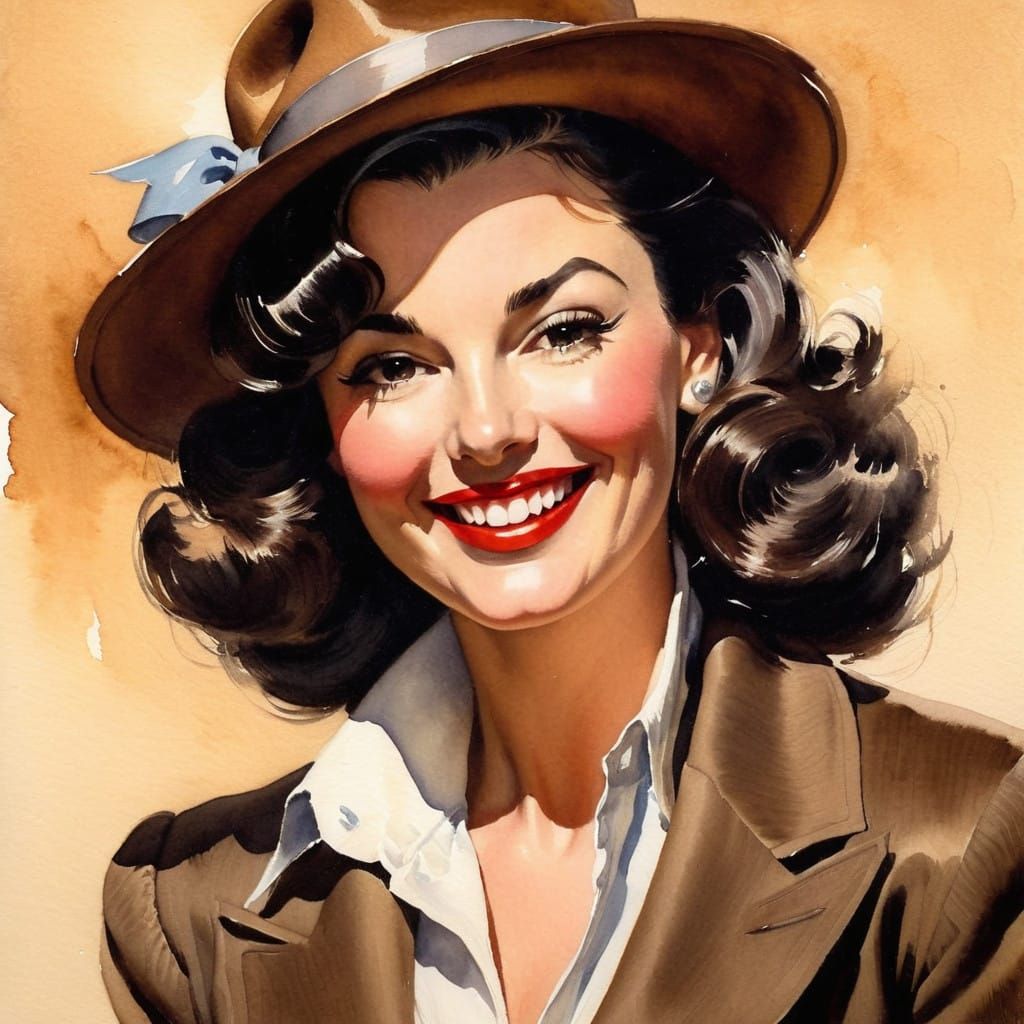 Elegant Woman in Brown Fedora, Impressionist Watercolor