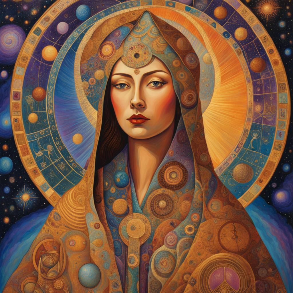 Visionary Art Brut Woman in Cosmic Dreamscape