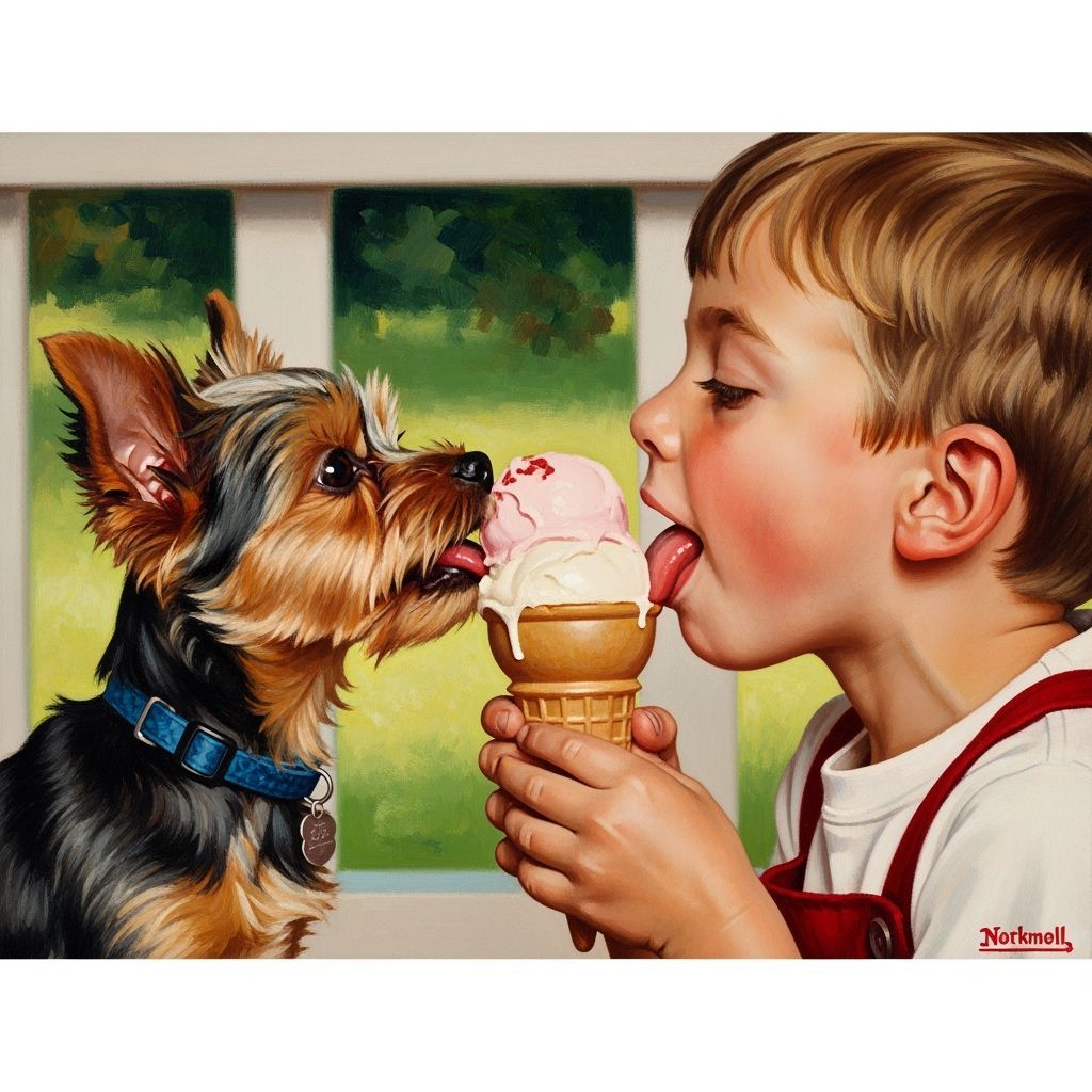 Child and Puppy Share Ice Cream, Rockwell Style