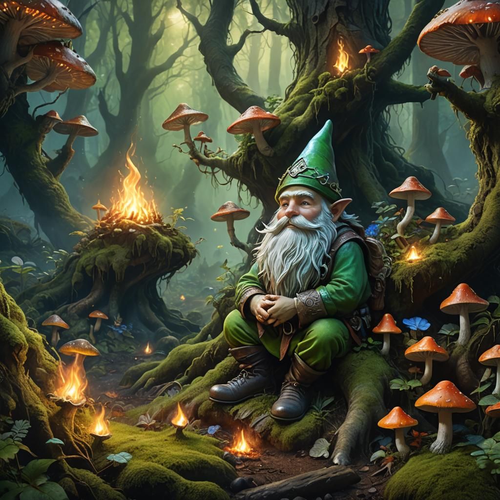Guardian Gnome Sleeps in Green Fire, Fantasy Art