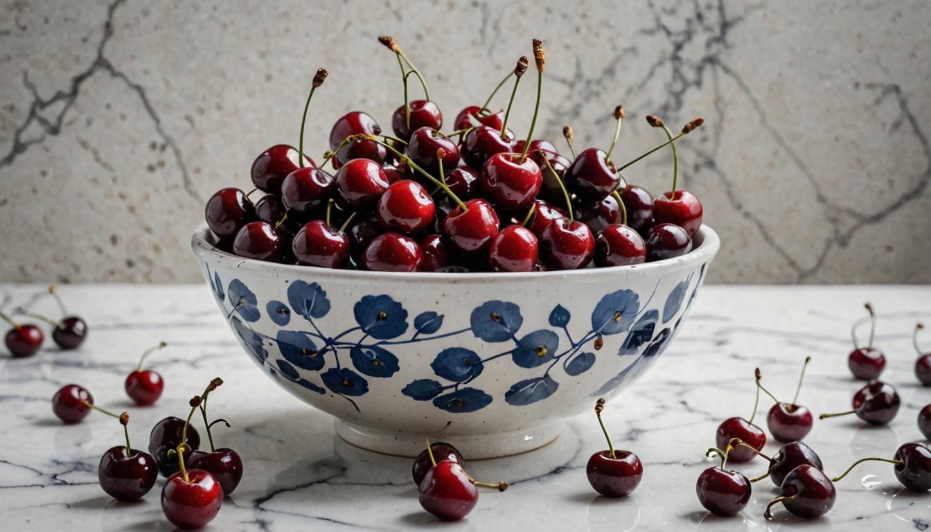 Delft Bowl of Fresh Red Cherries Still Life