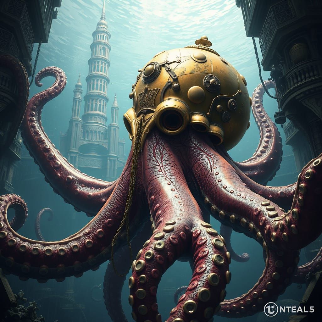 Underwater Octopus Man in Verne-Inspired Brass Armor