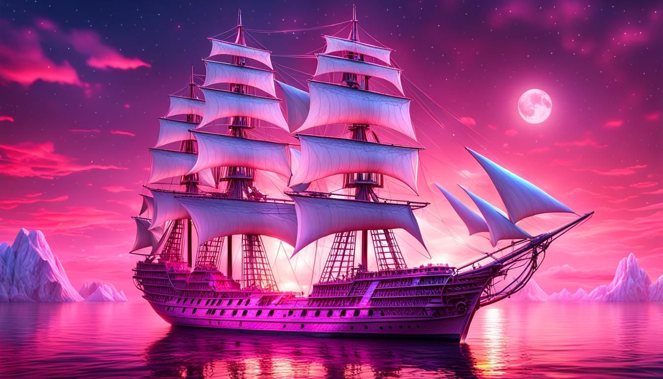 Crystal Sailing Ship with Astral Background in 3D