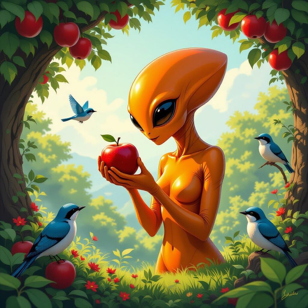 Orange Alien Plucks Apple in Bird-Filled Paradise
