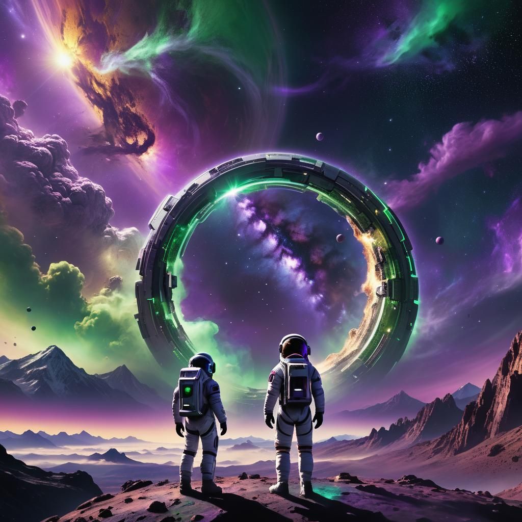 Astronaut and Glowing Portal on Alien Planet