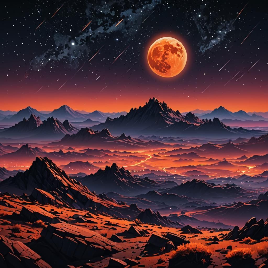 Martian Nightscape with Neon Synthwave Asteroids