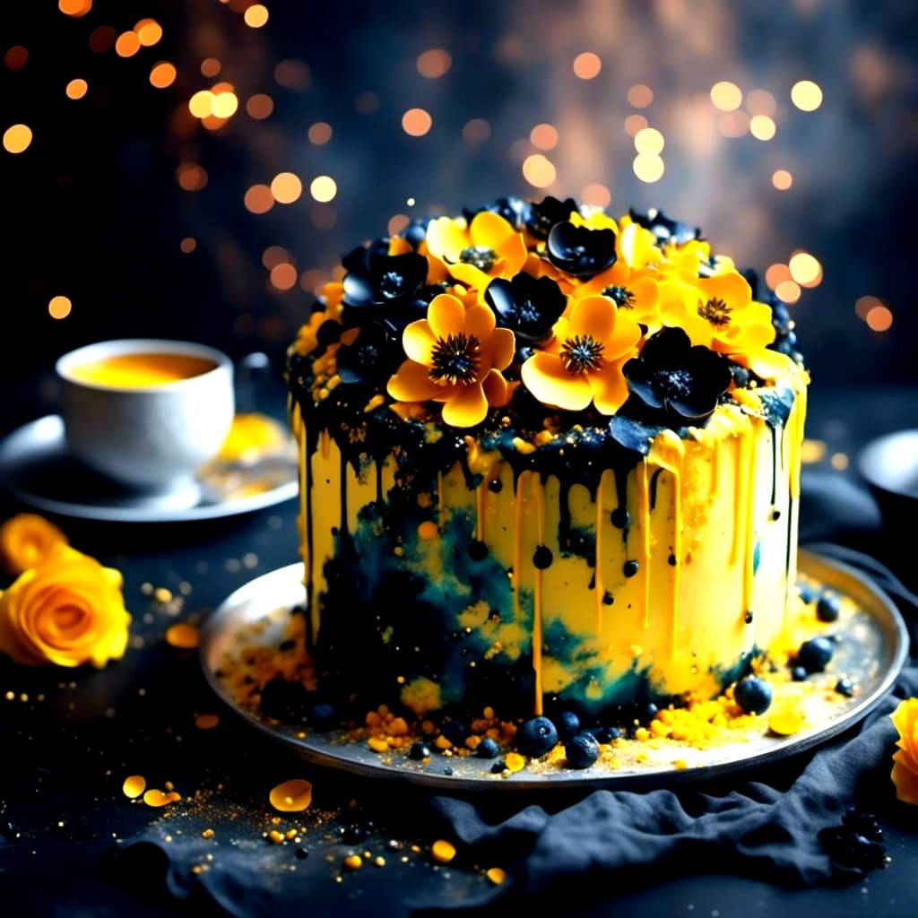 Intricate Cake with Yellow Frosting and Gemstone Flowers