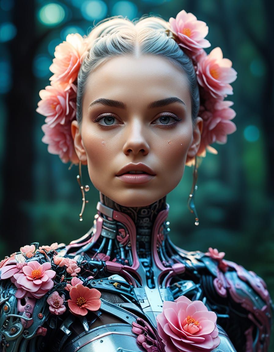 Robot-Girl Hybrid Portrait in Lowbrow Pop Art Style