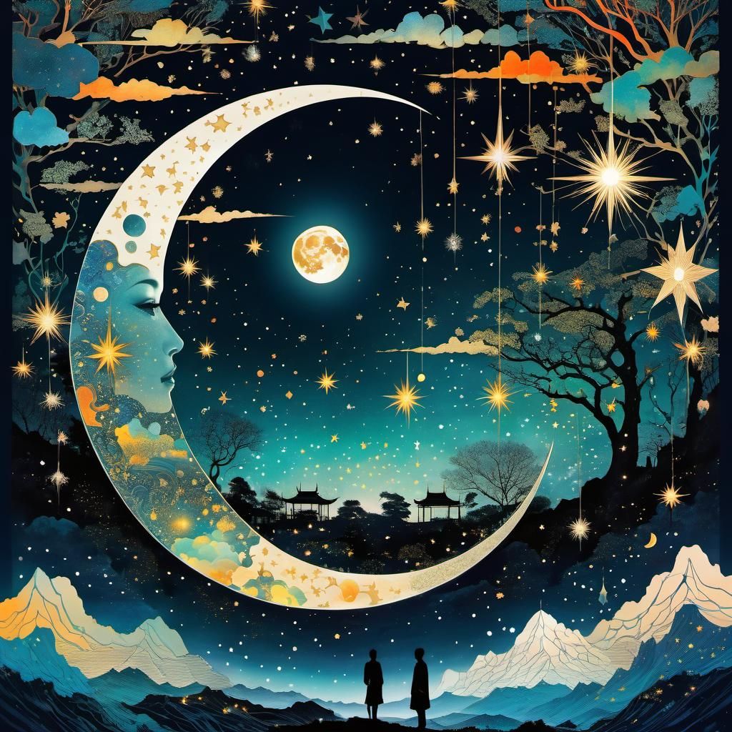 Surreal Silhouette Art: Moonlit Fantasy in Anime Style