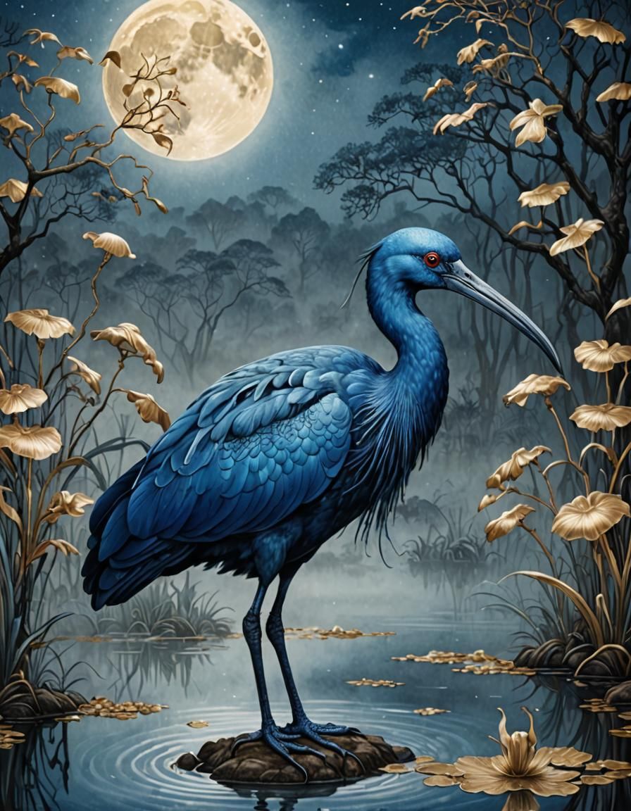 Blue Ibis in Ethereal Moonlight Fantasy