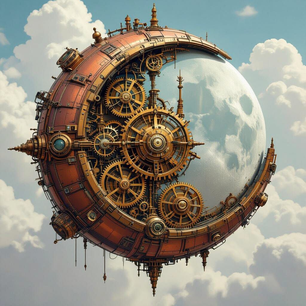 Steampunk Moon with Clockwork Machinery and Clouds