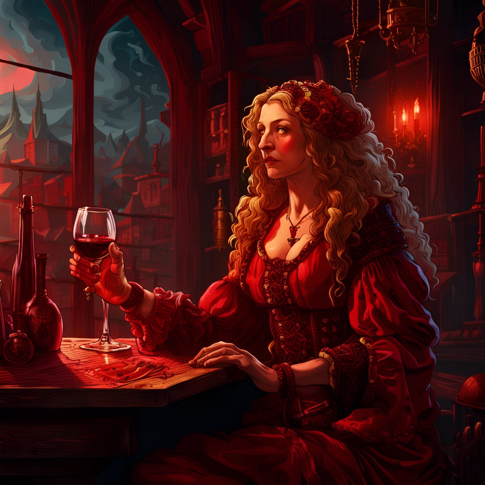 Man Drinking Wine in Brothel, Comic Style