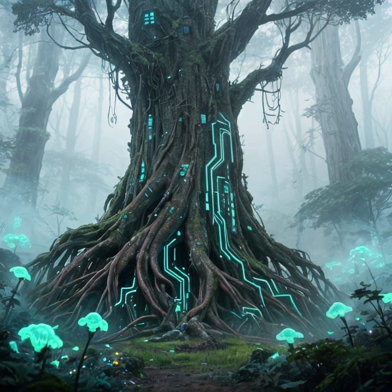 Ancient Cybernetic Tree in Ethereal Forest