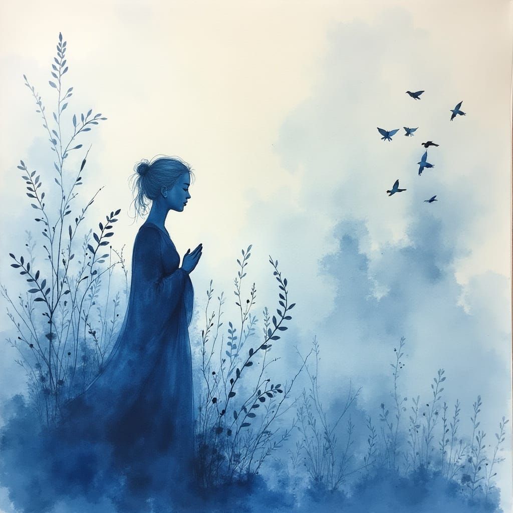Watercolor Prayer with Indigo Accents