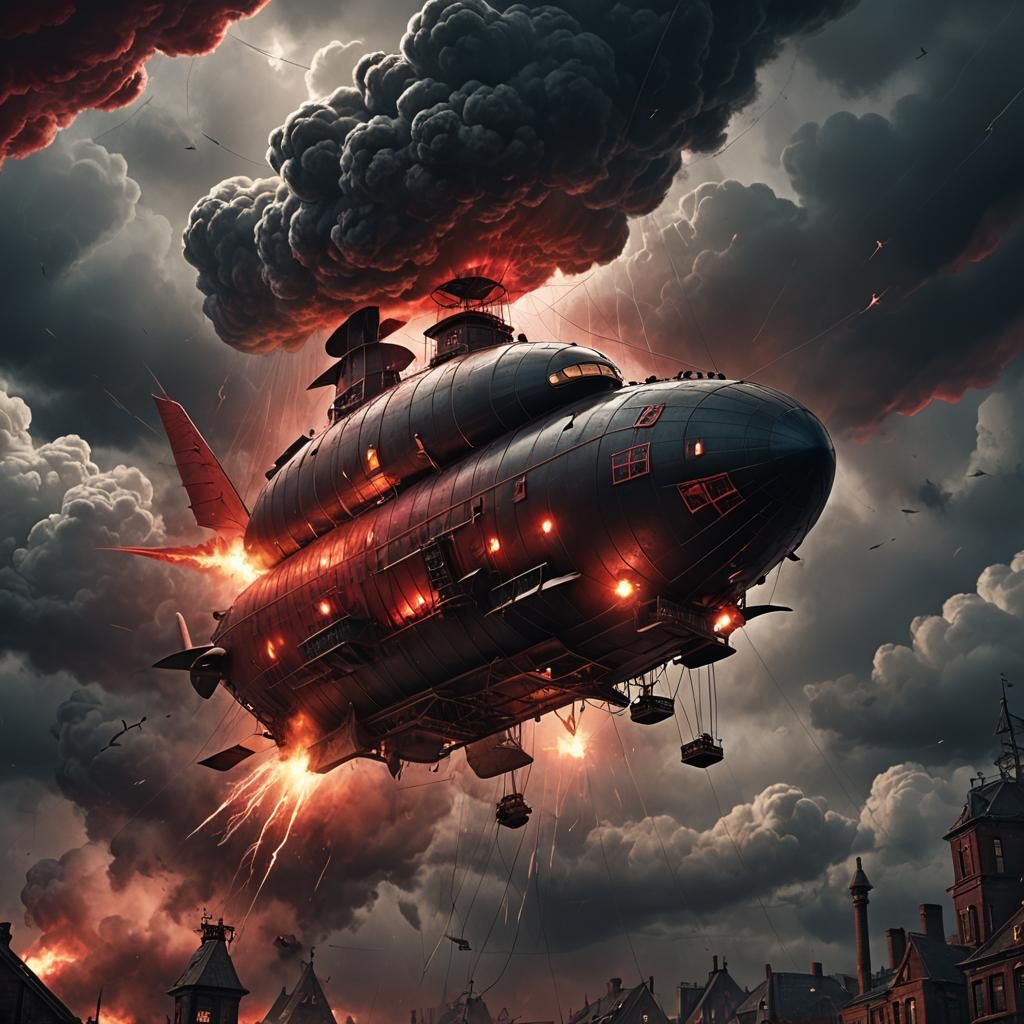 Ominous Dieselpunk Airship Fires Red Lightning