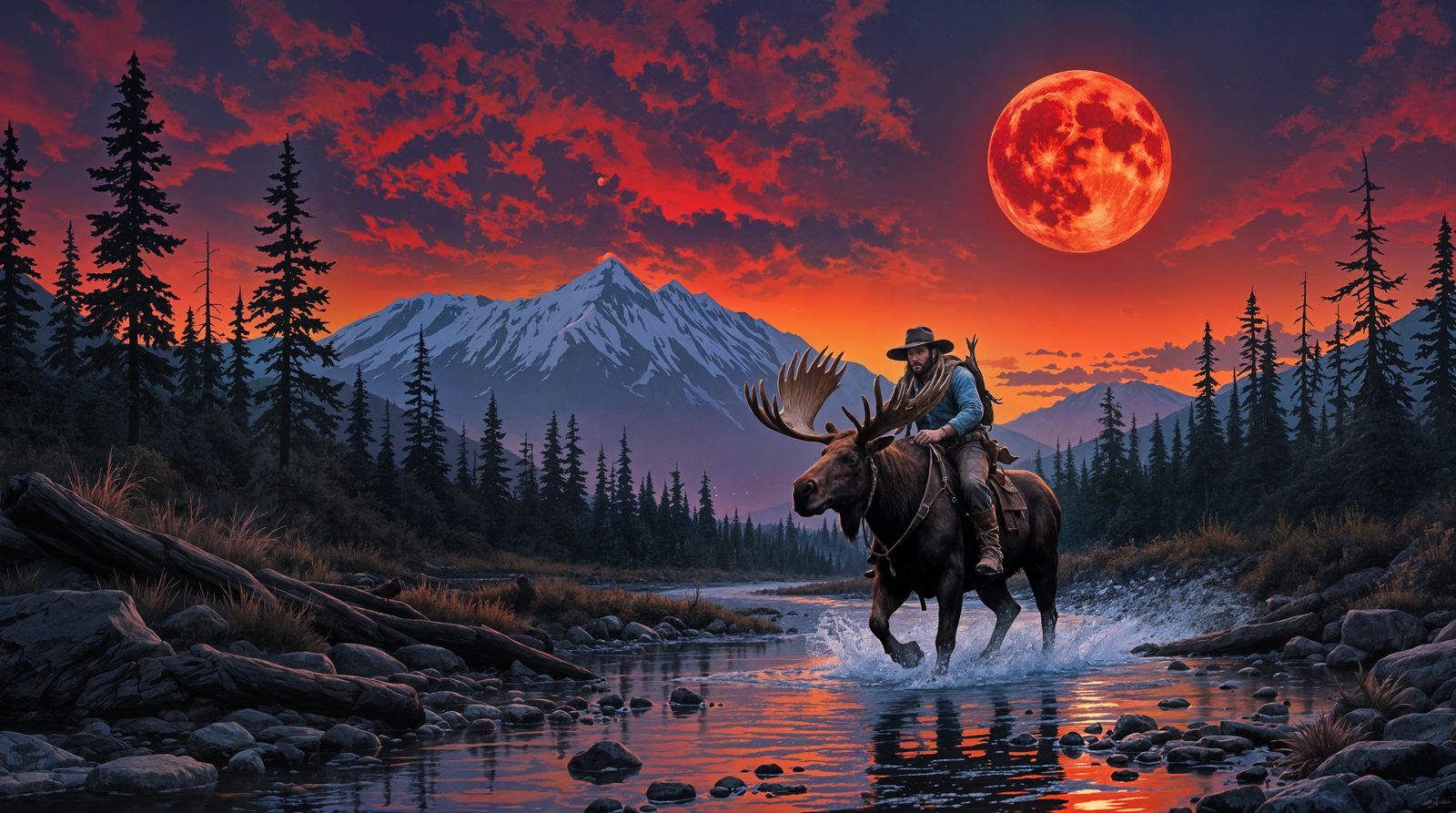 Rugged Cowboy Rides a Majestic Moose Under Crimson Twilight ...