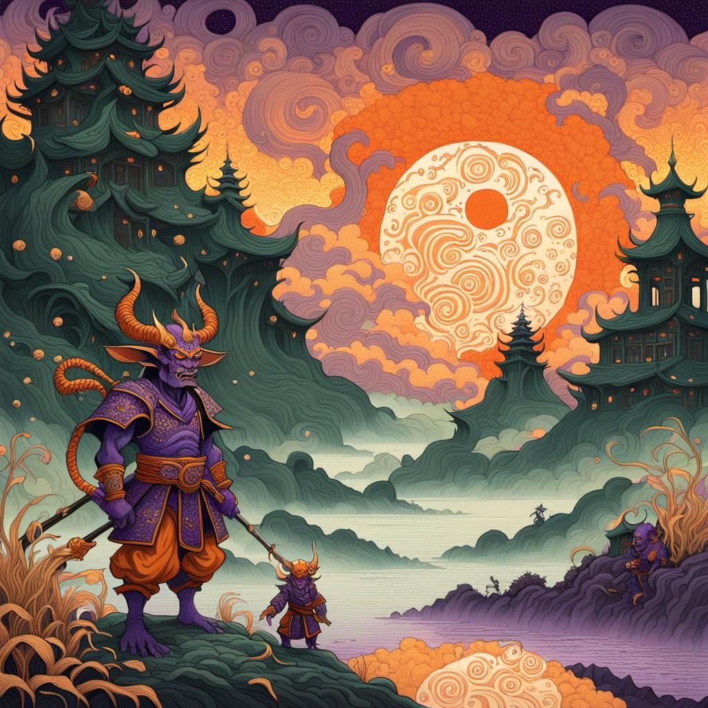 Oni Samurai and Baby in Art Nouveau Landscape