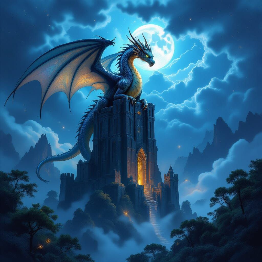 Ancient Dragon on Obsidian Tower in Starry Sky
