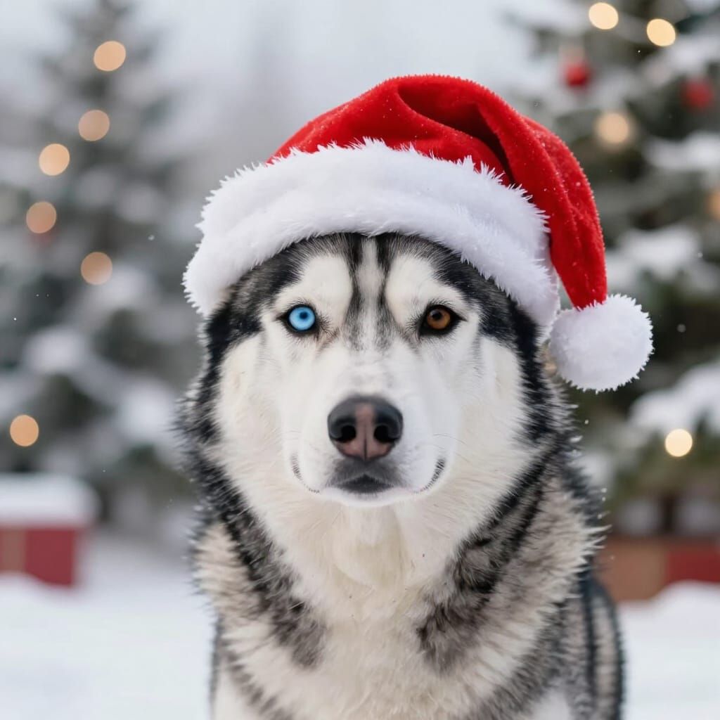 Majestic Husky in Santa Hat with Christmas Scene