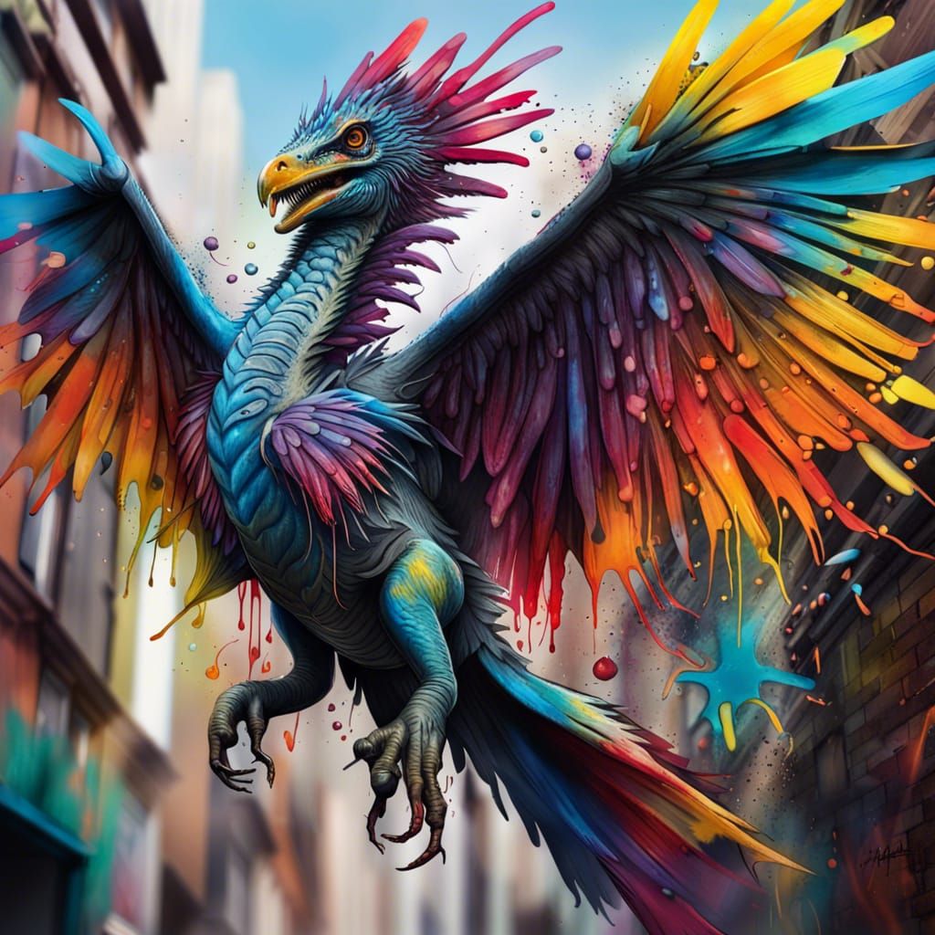 Hyperrealistic Microraptor in Flight: Graffiti Art Style