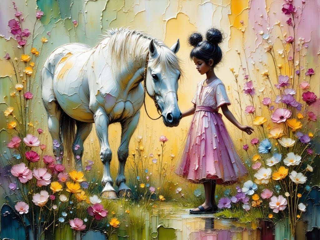Girl and Horse in Vibrant Impasto Painting