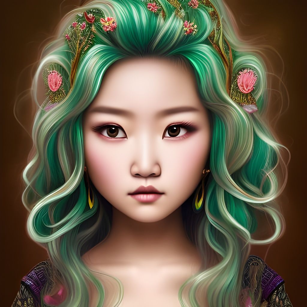 Hmong Girl with Green Hair, Art Nouveau Portrait
