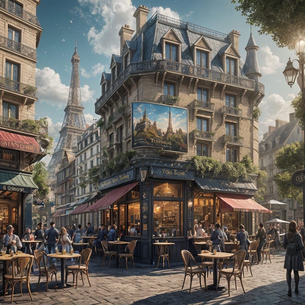 Parisian Coffee Shop Near Eiffel Tower in Cinematic Style