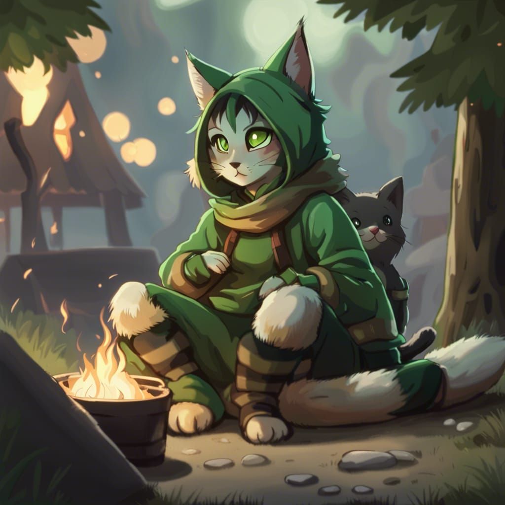 Kemono Elfic Cat and Human Friend by Bonfire