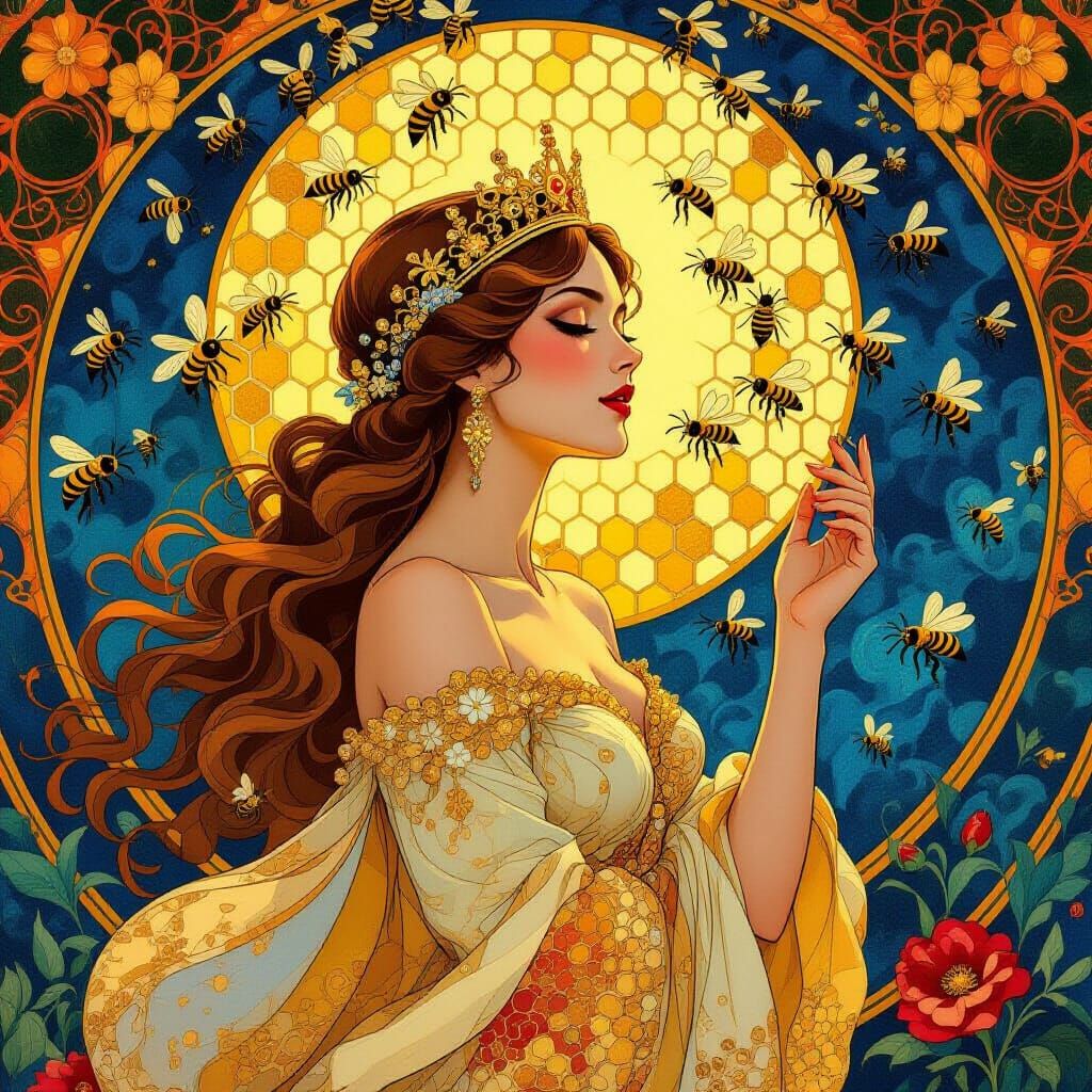 Regal Bee Queen Amidst Hives in Abstract Art Style
