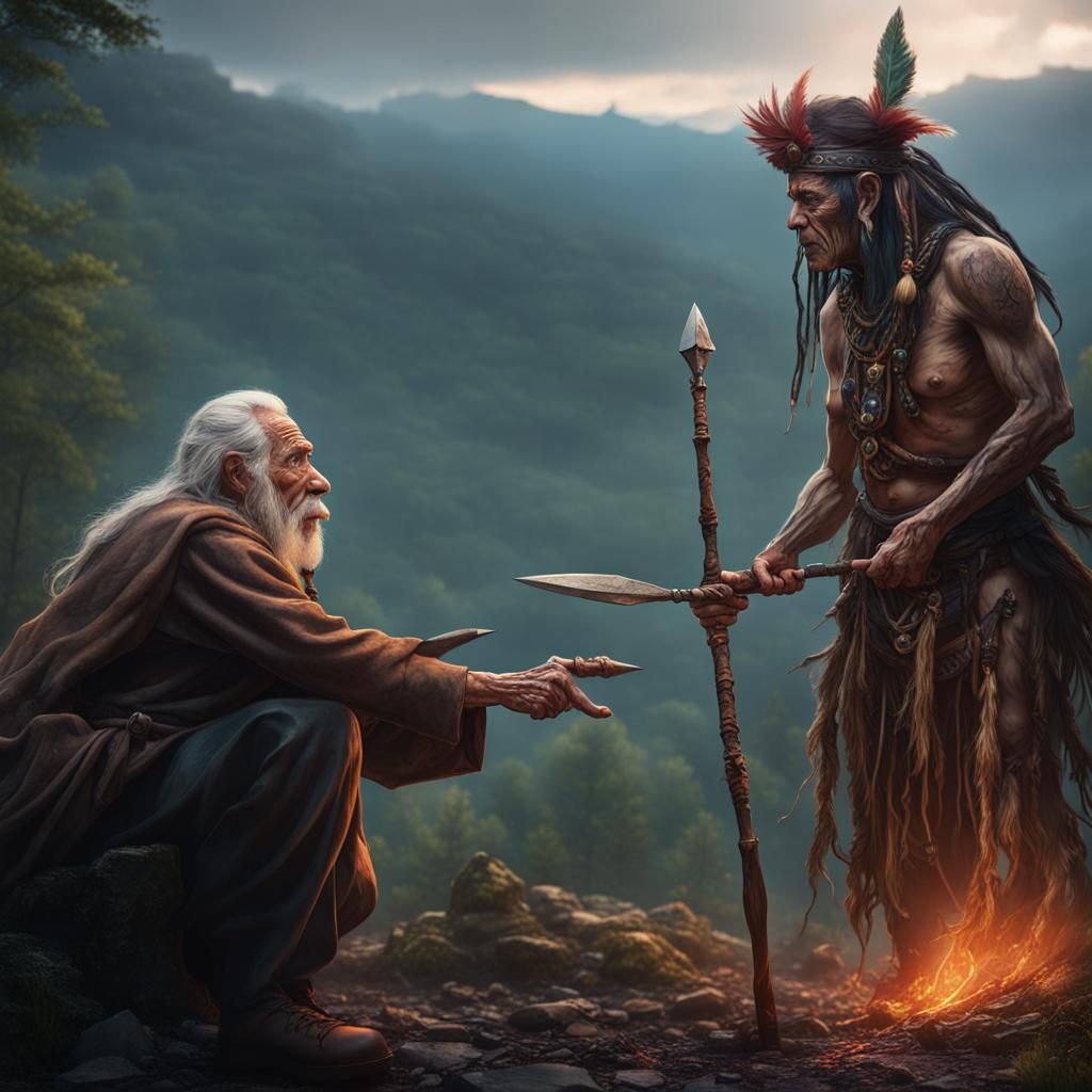 Cherokee Elder Confronts Spear Finger: Matte Painting