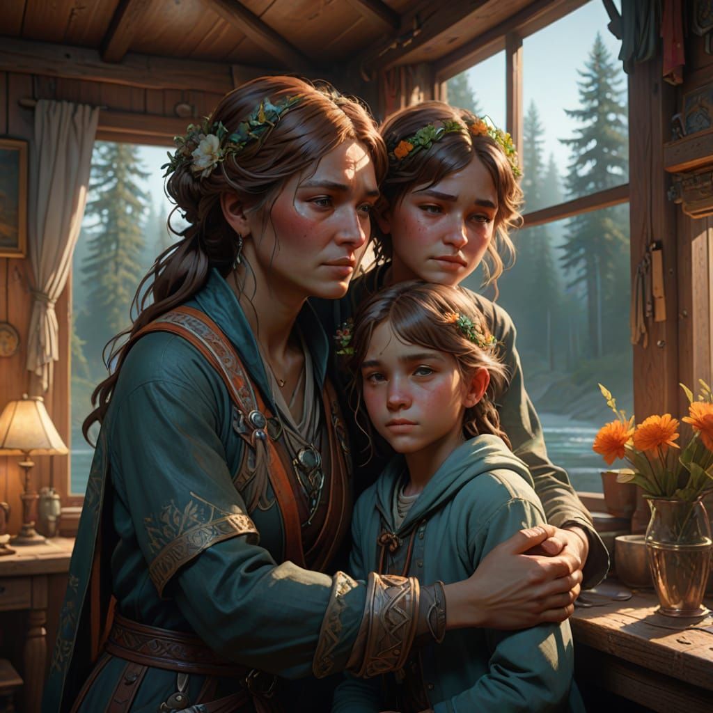 Touching Cabin Scene in Hyperrealistic Digital Art