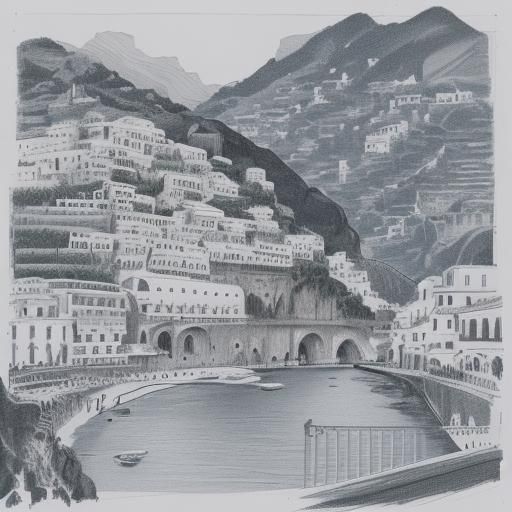 Dynamic Black Ink Sketch of Amalfi, Italy