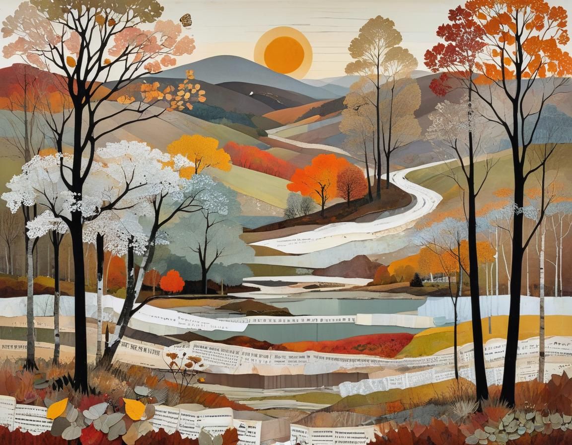 Autumn Landscape Shines: Mixed Media Collage Art