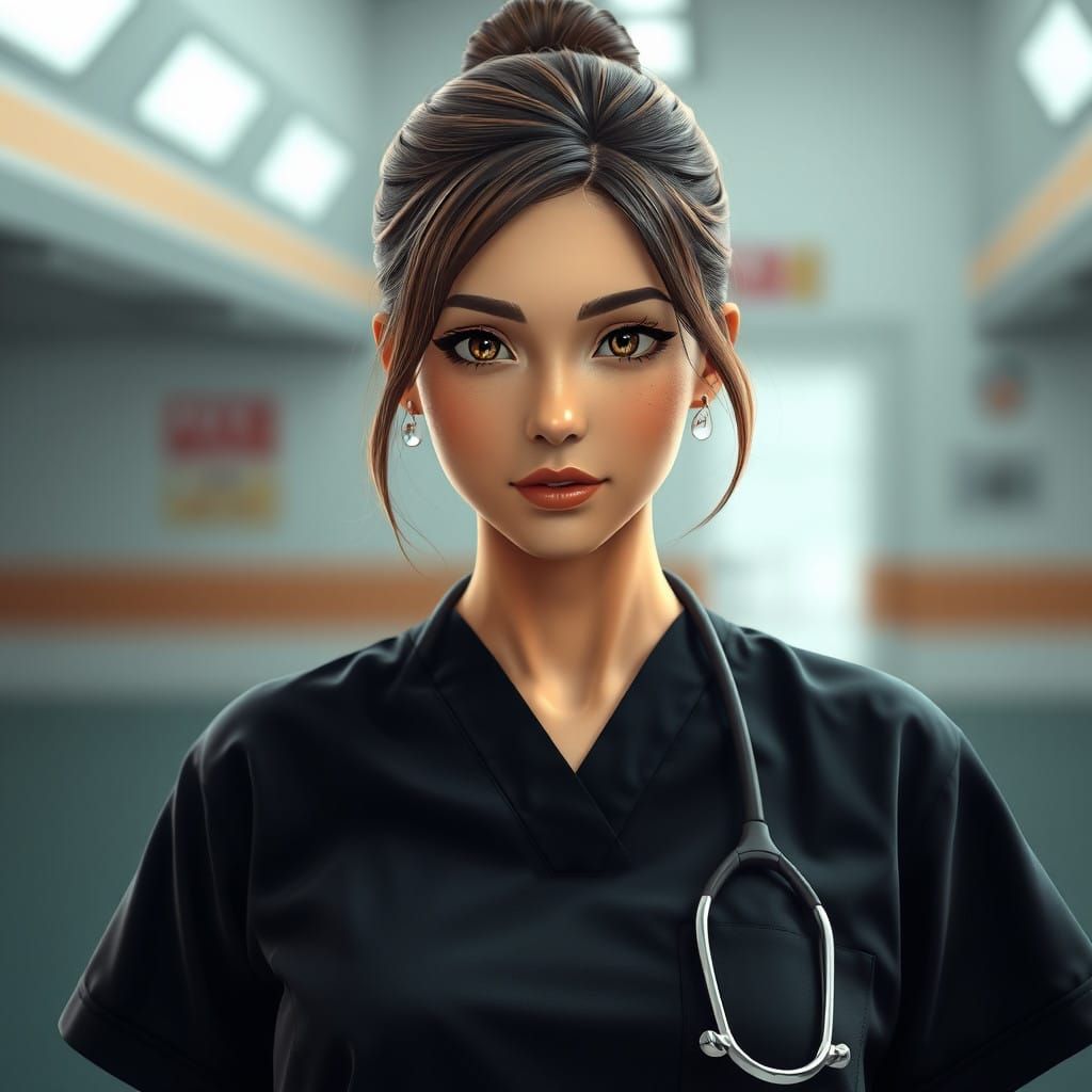 Vibrant Anime-Inspired Woman in Black Scrubs
