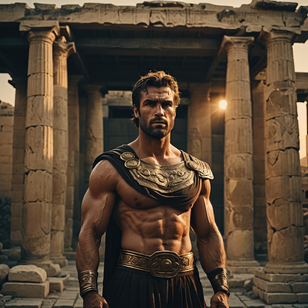 Heroic Greek Man in Golden Sunset Light