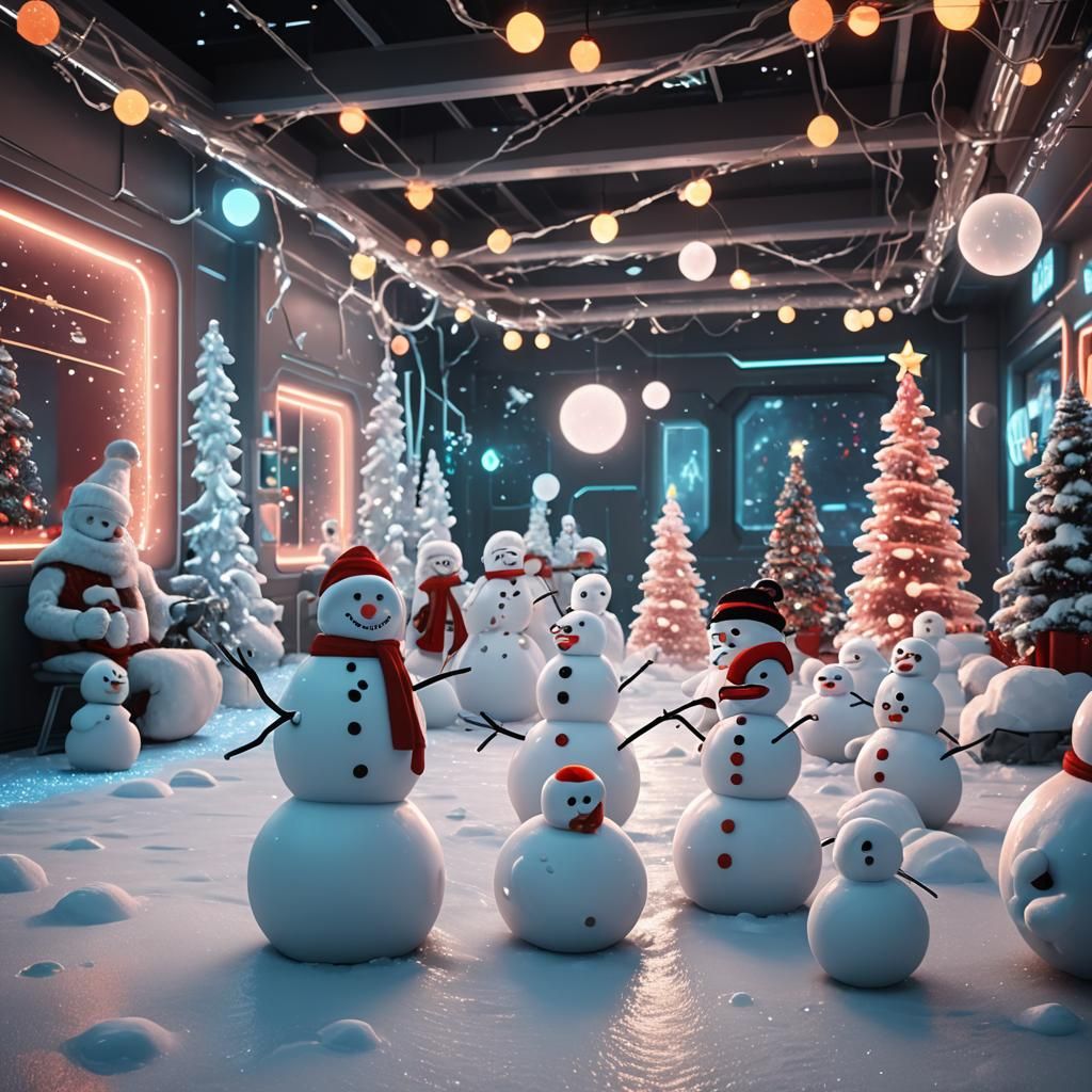 Futuristic Christmas Party with Robotic Snowmen in Sci-Fi Sc...